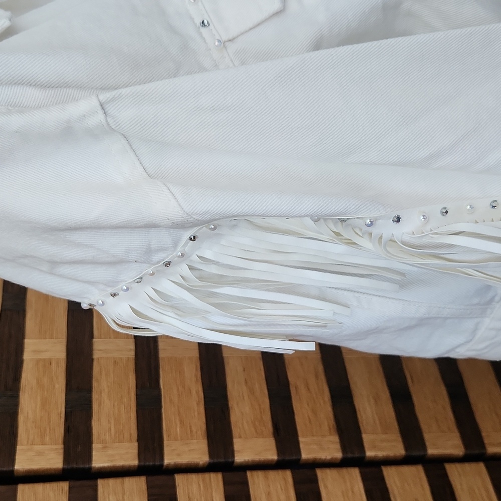 NWOT! Custom fringe diamond/ pearl jean jacket